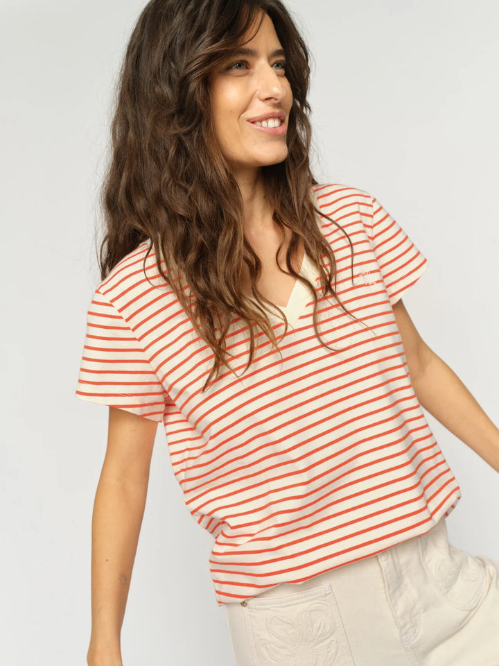 Mos Mosh - Kala V-SS Stripe Tee - Spicy Orange