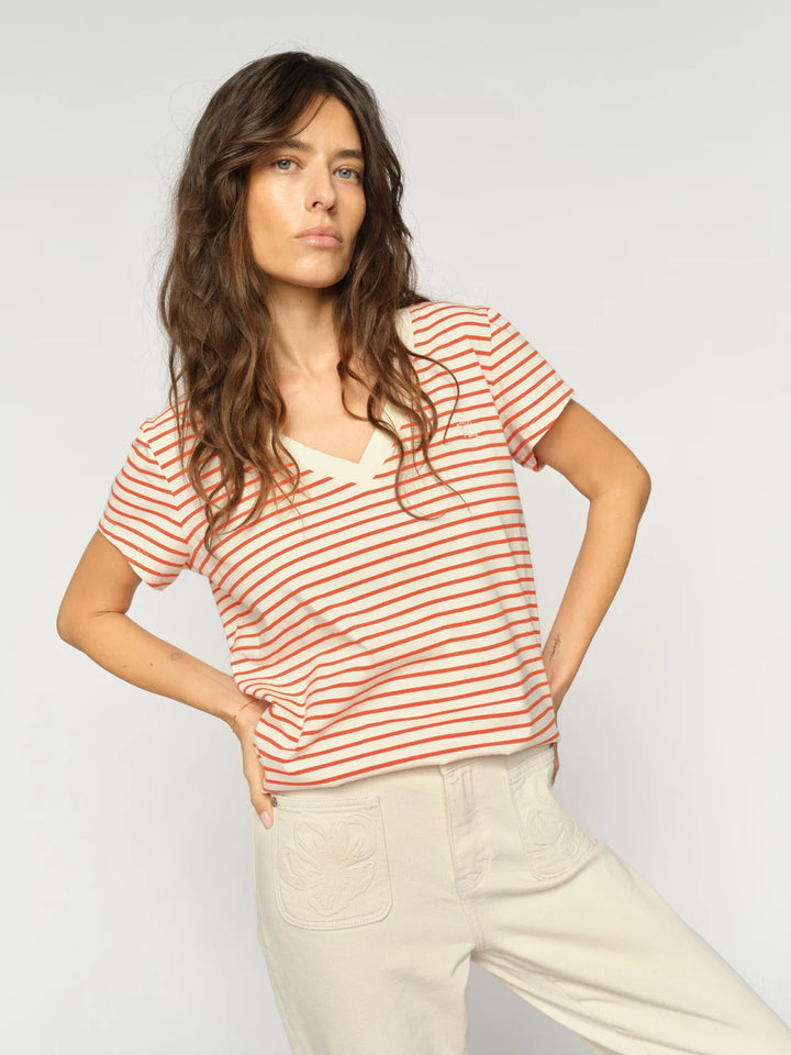 Mos Mosh - Kala V-SS Stripe Tee - Spicy Orange