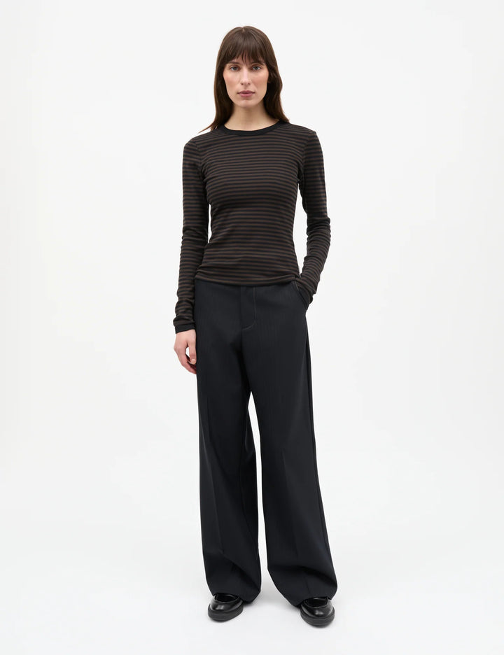 Mads Nørgaard - Grace Jersey Stripe Camille Tee LS - Black/Turkish Coffe