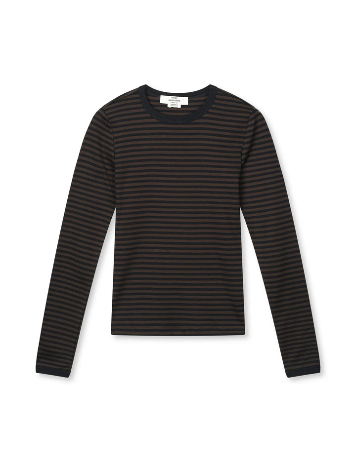 Mads Nørgaard - Grace Jersey Stripe Camille Tee LS - Black/Turkish Coffe