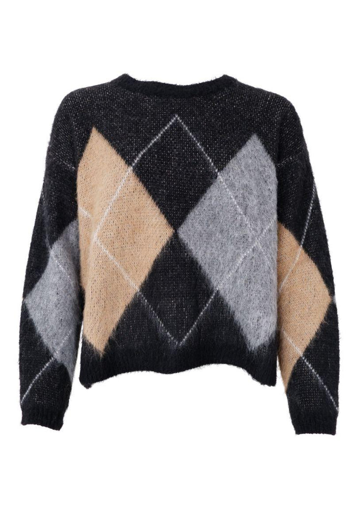 Black Colour - Beth Argyle Knit Jumper - Black