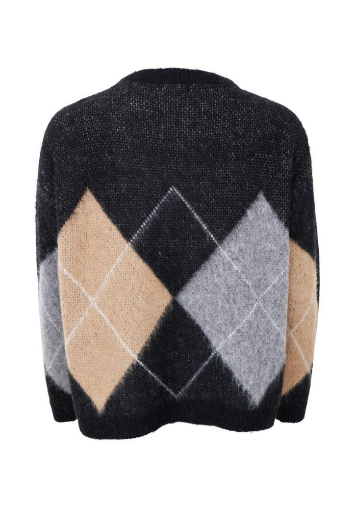 Black Colour - Beth Argyle Knit Jumper - Black