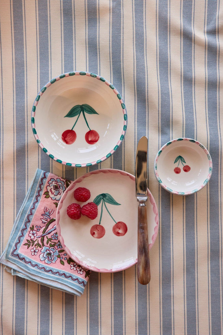 Rice - Small Ceramic Dipping Bowl - Blue/Cherries