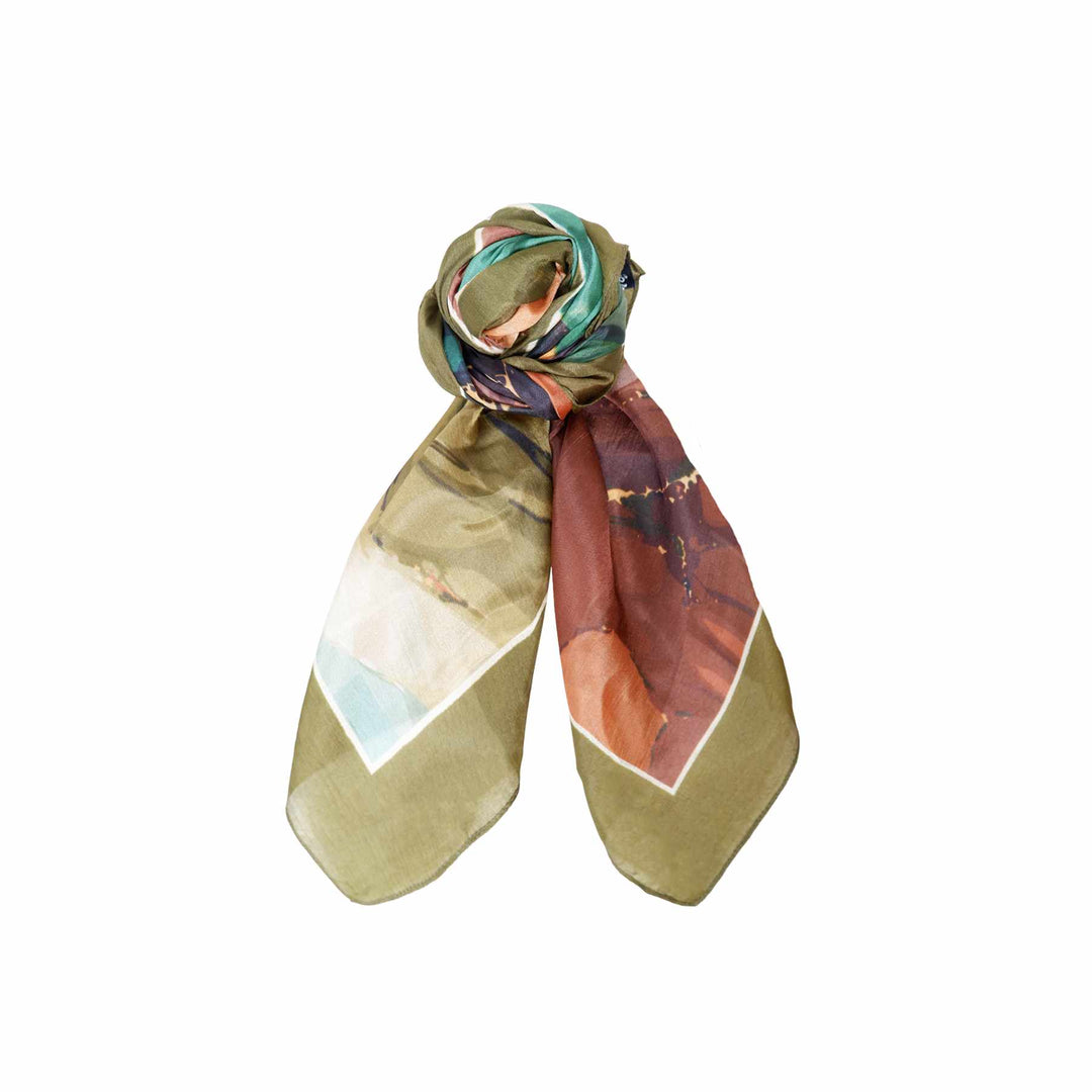 Black Colour - Marble Silk Scarf - Army Green