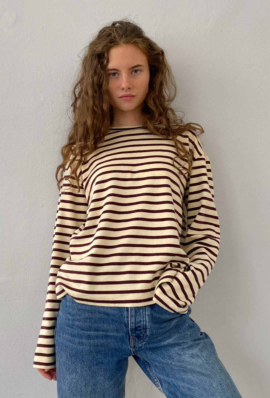 Boii - Nete Ls Tee - Off White/bordeaux Stripe