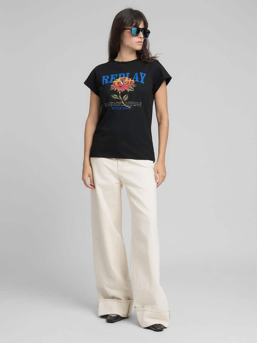 Replay - Jersey T-shirt - With Rose And Log Print - Black