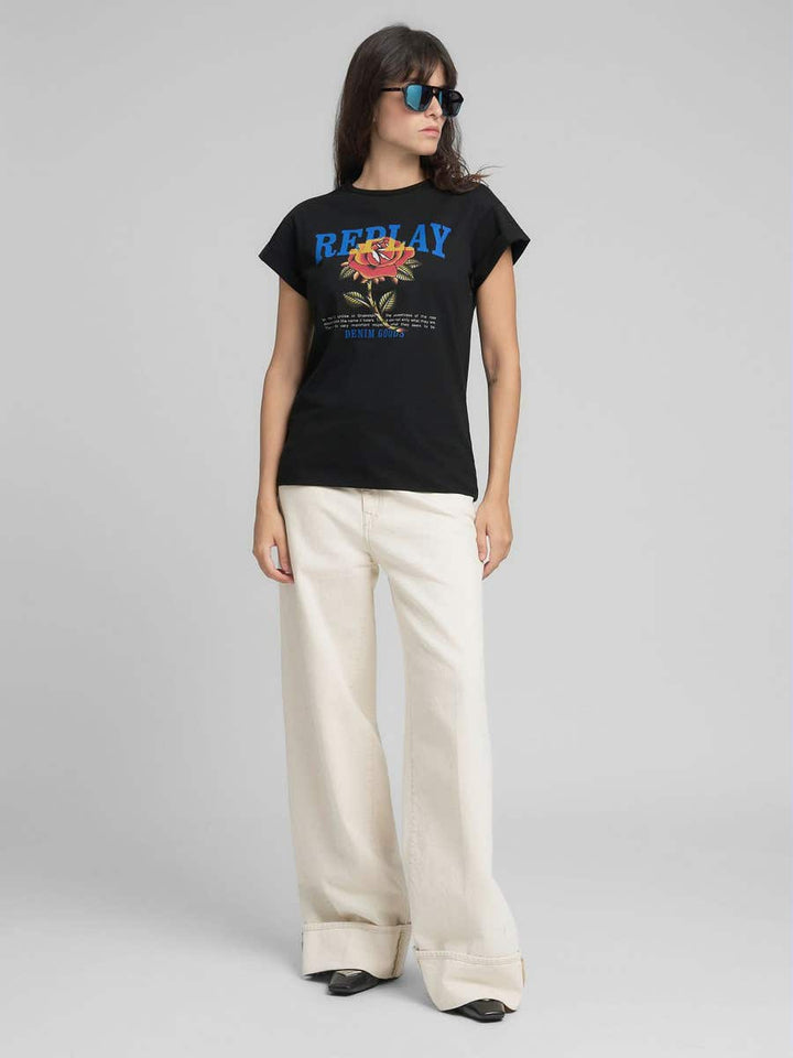 Replay - Jersey T-shirt - With Rose And Log Print - Black