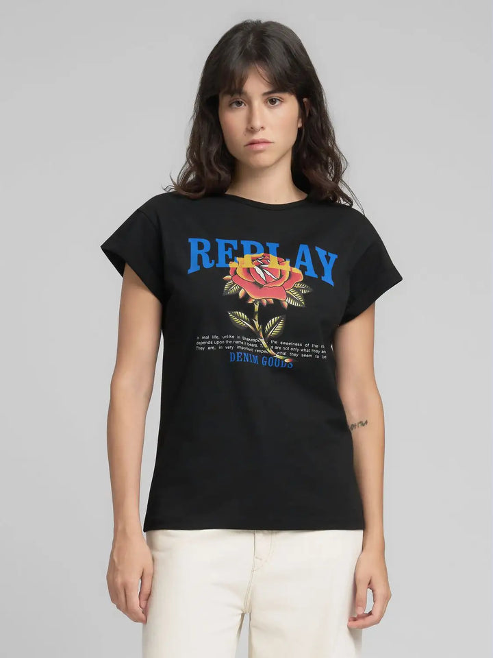 Replay - Jersey T-shirt - With Rose And Log Print - Black