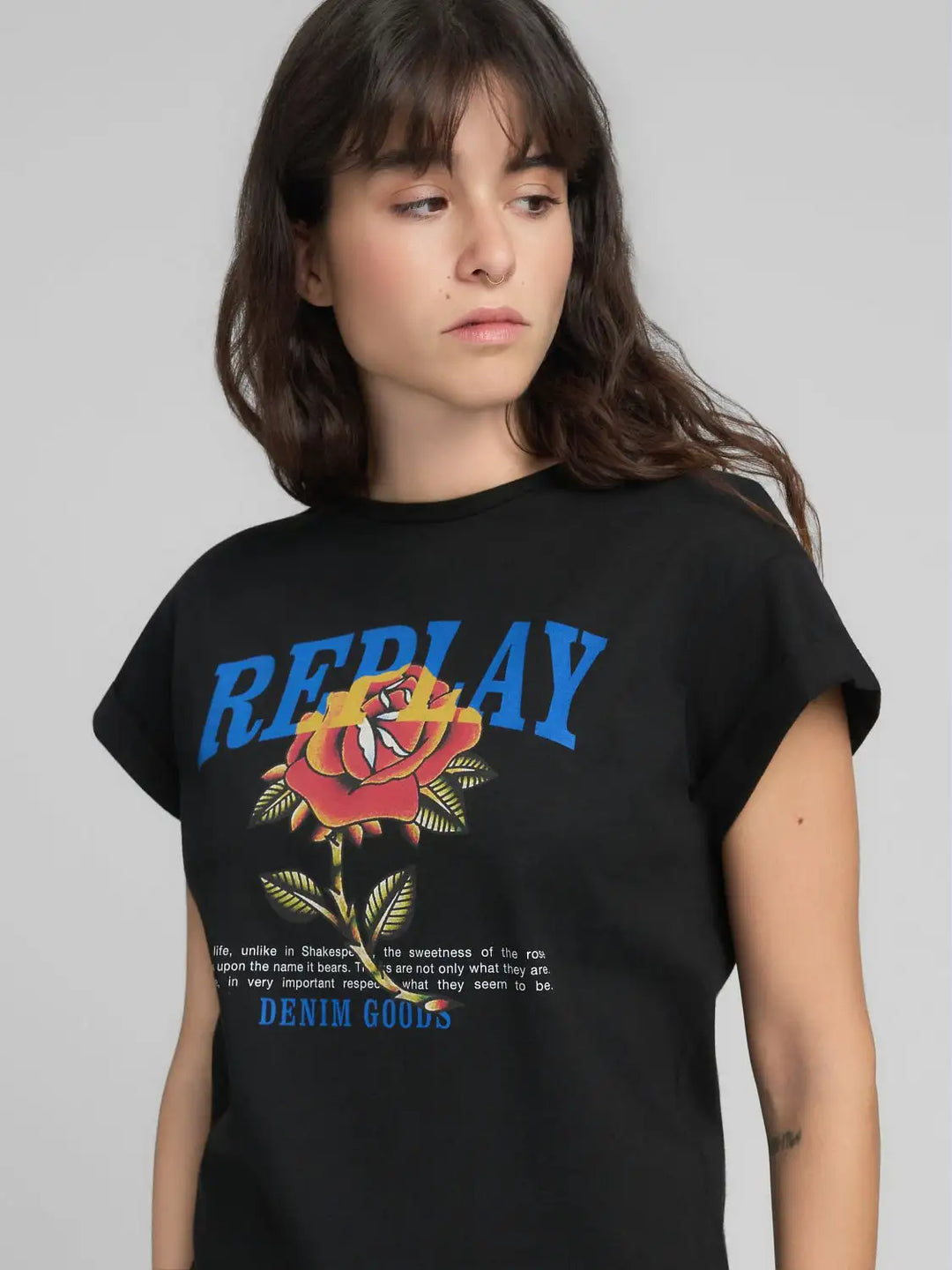 Replay - Jersey T-shirt - With Rose And Log Print - Black