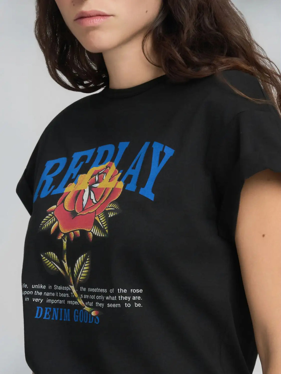 Replay - Jersey T-shirt - With Rose And Log Print - Black