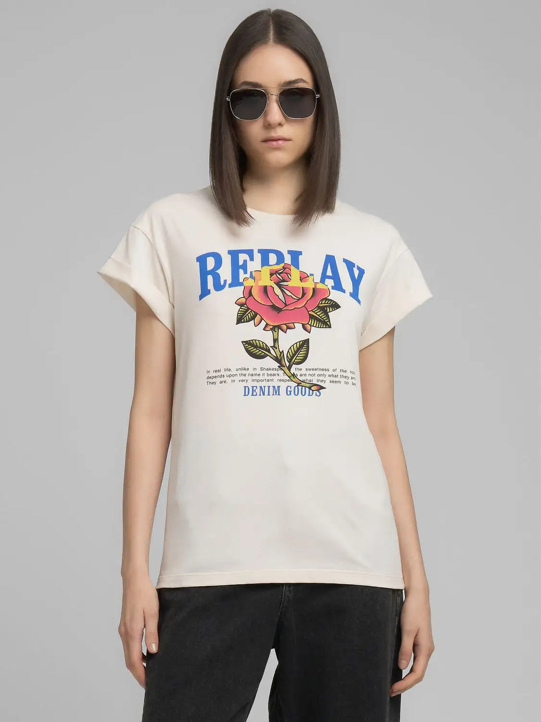 Replay - Jersey T-shirt - With Rose And Log Print - White