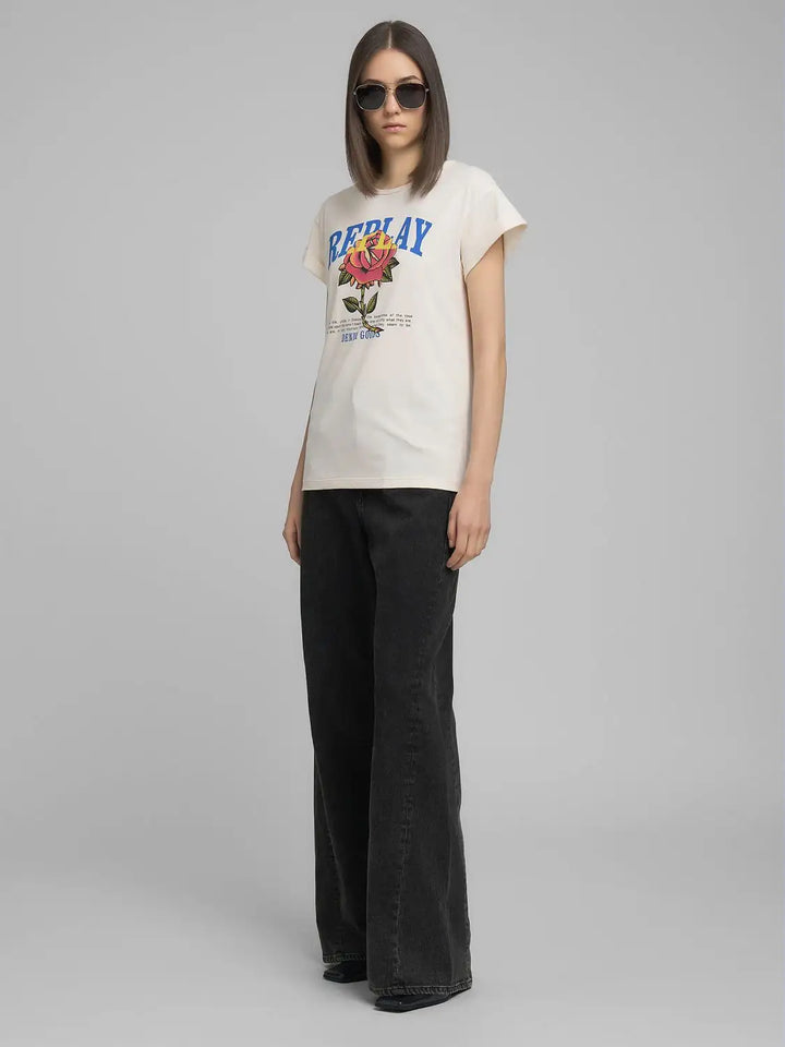 Replay - Jersey T-shirt - With Rose And Log Print - White