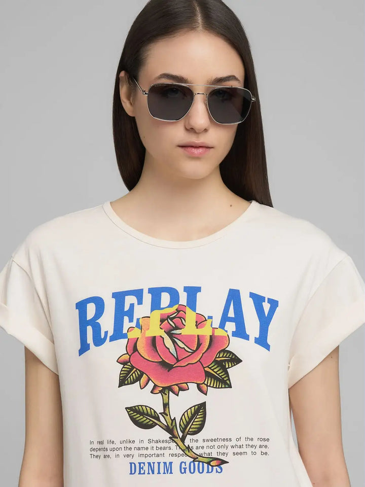 Replay - Jersey T-shirt - With Rose And Log Print - White