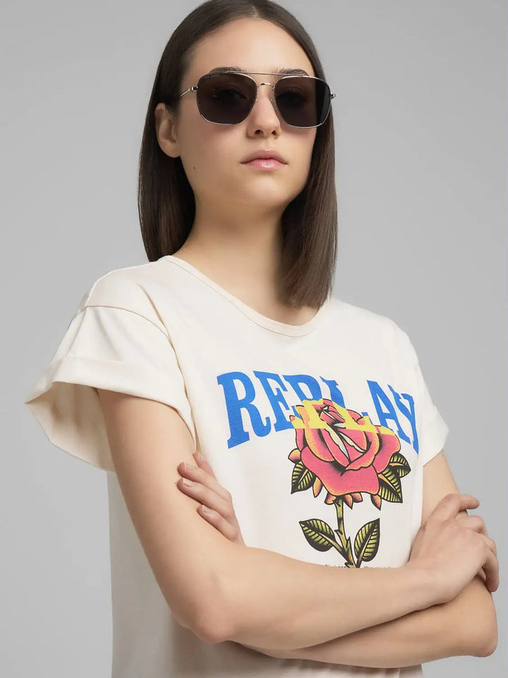 Replay - Jersey T-shirt - With Rose And Log Print - White