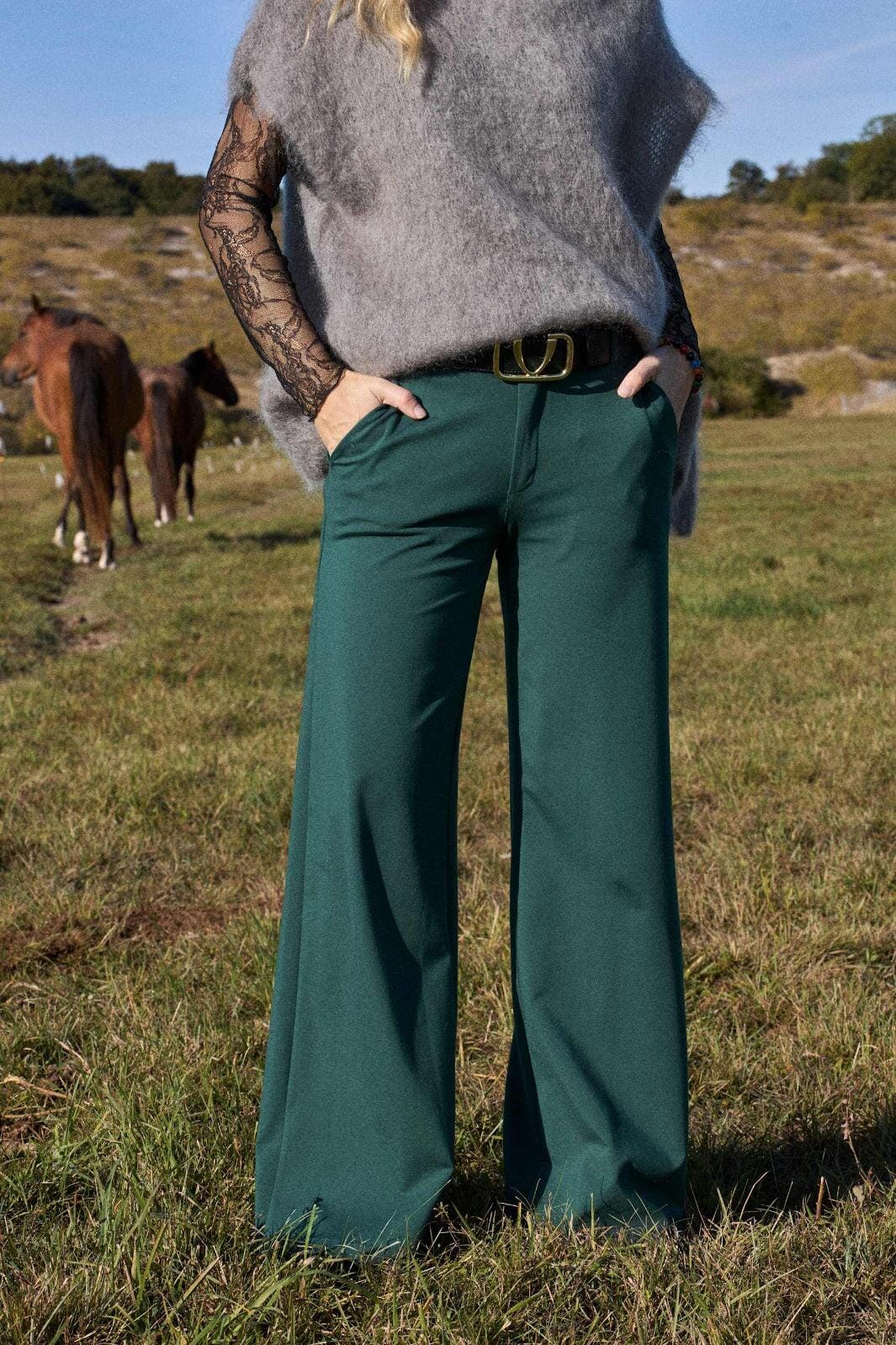 Black Colour - Davi Casual Box Pants - Bottle Green
