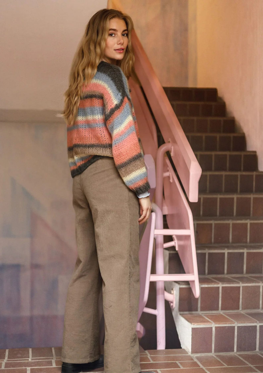 Black Colour - Adria Multi Striped Jumper - Soft Coral