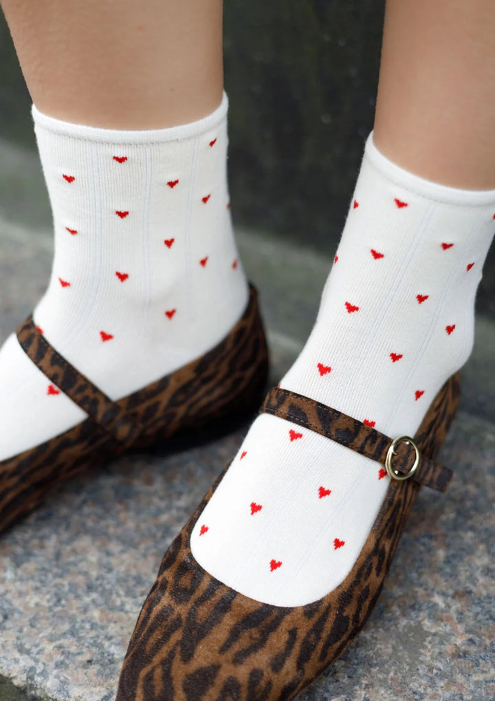 Black Colour - Alea Heart Strømper - Creme w. Red Hearts - Onesize