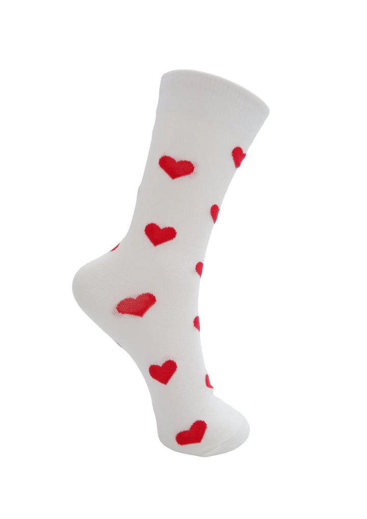 Black Colour - Annabell Heart Strømper - Off White w. Red Hearts - Onesize