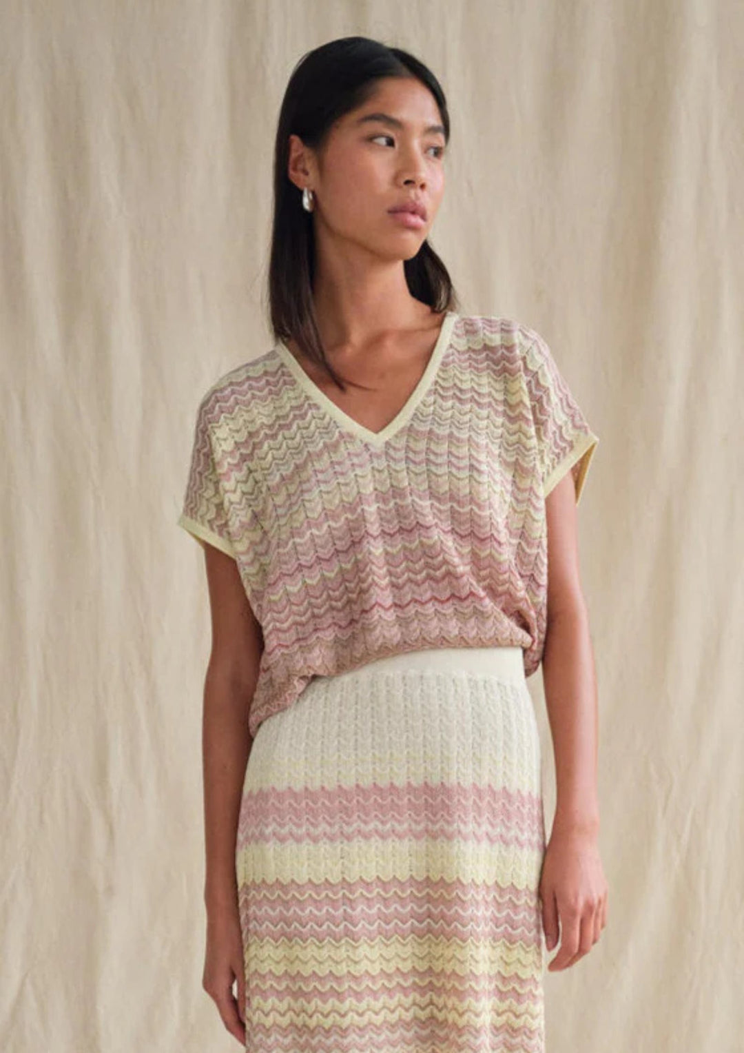 Mos Mosh - Shani Zig Zag - V-neck Strik - Powder Pink
