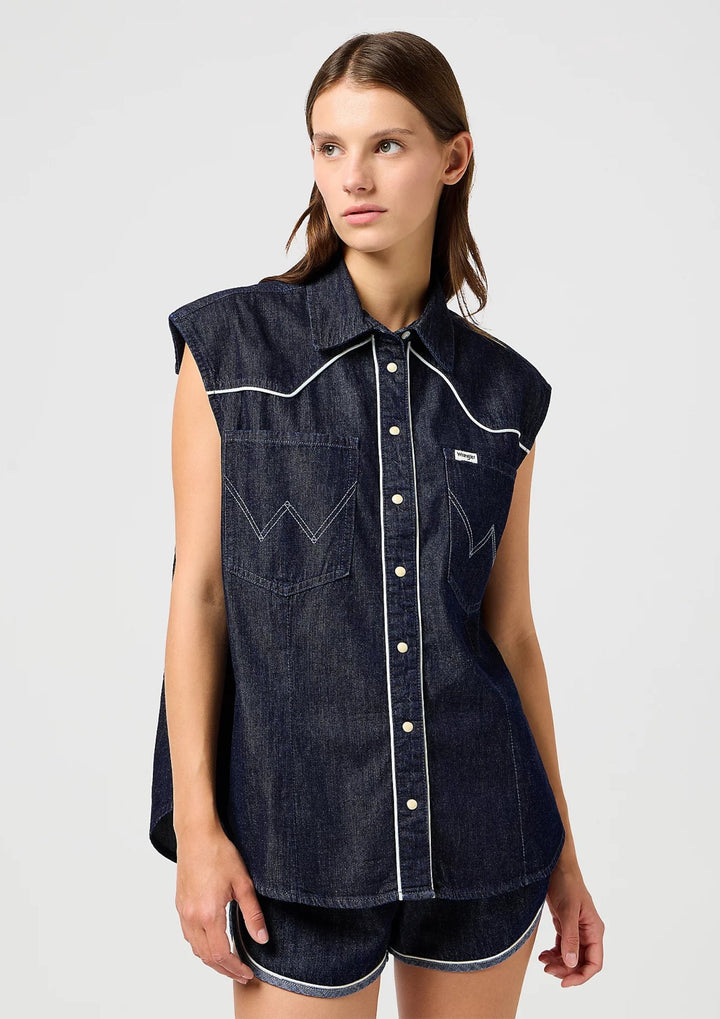 Wrangler - Sleeveles Western Skjorte - Saddle